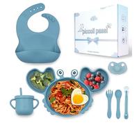 Piccoli passi Nuevo paquete regalo set papilla destete con cubiertos niños y plato destete con ventosa. Diseño en forma de cangrejo. BPA free (azul)