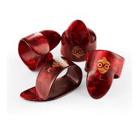 Pick Geek Juego de púas de dedo y pulgar, 1 púa de celuloide, 3 púas de dedo de celuloide, tamaño mediano, color carey rojo, incluye bolsa de cordón para un mantenimiento seguro