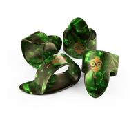 Pick Geek Juego de púas de dedo y pulgar, 1 púa de celuloide, 3 púas de dedo de celuloide, tamaño mediano, color carey verde, incluye bolsa de cordón para un mantenimiento seguro