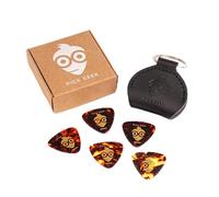Pick Geek Llavero de cuero para púas | 100% cuero auténtico hecho a mano | Negro | Incluye 5 púas triangulares de celuloide Pick Geek gratis | Se envía en una caja de regalo de papel kraft