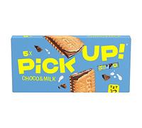 PiCK UP! Choco&Milk - Barras de galletas con tabla de chocolate con leche crujiente y crema de leche delicada entre dos galletas, aperitivos para viajes, 5 unidades de 5 x 28 g