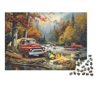 Pick-up Rojo Vintage Exterior Bosque Otoñal Arroyo Puzzle de 1000 Piezas Papel para Adultos Relajación Decoración Hogar Regalo Familiar 52x38cm/1000pcs