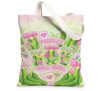 Pickles - Bolsa de lona para mujer, diseño de corazones juguetones, lazos de verano, color verde, lavable, reutilizable, para uso diario, ideas para familiares, amigos, colegas, lectura, amor, 13 x 15