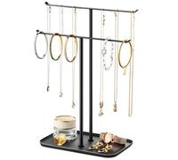 pickpiff Soporte organizador de joyas para collares, 2 niveles, barra en T, árbol de exhibición de joyas con bandeja para encimera, collar, pulsera, aretes, tocador, lavabo de baño, color negro