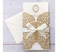 Picky Bride 25 invitaciones de boda con sobres de 5 x 7 pulgadas cortado con láser de encaje dorado, kit de invitaciones de boda para fiesta de boda, despedida de soltera