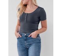 Pieces Top de mujer canalé corta larga cuello redondo. Azul grisáceo 36/S