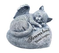 Piedra conmemorativa del gato - Figura de jardín del gato dormido con alas de ángel | Estatua de gato impermeable y no descolorida, estatua conmemorativa para llorar la pérdida de un gato.