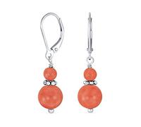 Piedra Natural Naranja Melocotón Coral Boho Bali Milgrain Bordes De Cuentas Rondel Separador Doble Bola Redonda Pendientes Colgantes Para Mujer Adolescente .925 Plata Esterlina Apalancamiento Volver