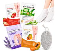 Piedra pómez natural para pies+4 Pares Mascarilla Hidratante Para Pie, Mascarilla Pie Exfoliante con Lavanda, fresa, aloes, papaya, Mujeres y Hombres para Quita Callos y Peeling de Pies