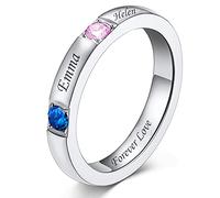 Piedras Cumpleaños Personalizados Anillos Finos de Promesa con Nombres Anillos Plateados Acero Inoxidable 316L para Mujer Joyerías Modernas para Parejas Piedra Zirconia Cúbica Chapado en Oro Blanco