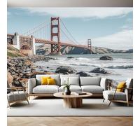 Piedras de Playa Fotomurales Tejido no Tejido Puente Golden Gate, San Francisco Papel Pintado Decor de Pared Murales Póster Efecto 3D Papel Tapiz Moderno para Dormitorio Salón TV Pared 300 x 210 cm