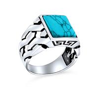 Bling Jewelry Piedras Preciosas Cubana Curb Link Cadena De La Banda Azul Creado Turquesa Rectángulo Signet Anillo Para Hombres .925 Plata De Ley Hecho A Mano En Turquía