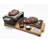 PIEDRASAR Piedra Volcánica para Asar, 15x20 cm, Set con Plato de Pizarra, Quemador de Alcohol y Salseros, Base de Roble