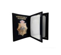 Piel Cabrera Cartera Porta Placa CIA, Cuero Negro, 11 x 8.5 cm, Diseño Clásico con Escudo España, 8 Compartimentos, Broche de Presión, Unisex Adulto