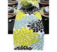 Pieple Camino de mesa con flores de dalia y lino de algodón, diseño retro de madera para cocina, café, comedor, sofá, dormitorio, sala de estar, bufanda para cenas de vacaciones
