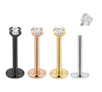 Pierced Koala 2 aretes de titanio de 18 g con rosca interna y parte trasera plana, para labio, tragus, cartílago, labio, monroe, caracola, piercing corporal, 18G / 6mm / 2.5mm Gem, Titanio, No es una