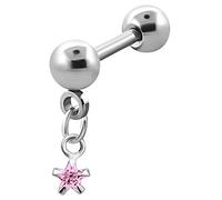 Piercing para oreja, hélix, tragus o lóbulo, cadena con estrella y varilla de acero en 1,2 x 6, 8, 10 mm con bolas de 4 mm, transparente, rosa y lila claro, 1.2 x 10 mm, Acero inoxidable, No es una
