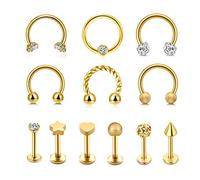 PiercingJak 12 piercings de oro para labios, labios, nariz, septum, rizador de caballo, piercing Hélix de acero inoxidable con brillantes dorados, Acero inoxidable Circonia cúbica, circonita
