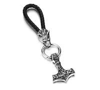 PiercingJak Llavero de coche Viking Mjolnir Loup Martillo de Thor grabado de acero inoxidable con anillo de regalo de cumpleaños, Navidad, talla única, Acero inoxidable Cuero