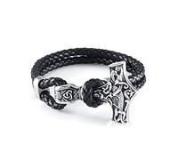 PiercingJak Pulsera vikinga con martillo de Thor para hombre, pulsera de piel auténtica trenzada, acero inoxidable, nudo celta, joya nórdica, regalos para papá, 22cm, Acero inoxidable