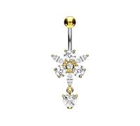 PIERCINGLINE Piercing ombligo de titanio con diseño en plata 925 COLGANTE CRYSTAL FLOWER + CORAZÓN color dorado banana bananabell selección color