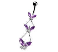 PIERCINGO Piercing para el ombligo, diseño de mariposa, plata y cristal de circonio, acero quirúrgico 316L, acero inoxidable 316L, plátano, piercing para el vientre, 1,6 mm x 10 mm, 1.6mm x 10mm