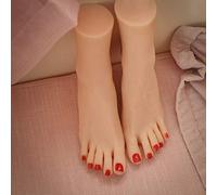 Pies Falsos de Silicona, 1 par de maniquíes Femeninos de tamaño Natural con Hueso para exhibición de Joyas, Sandalias, Zapatos y Calcetines, boceto artístico con uña roja