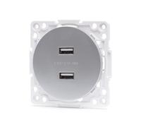 Pieza adaptadora para 2 tomas USB, de diseño elegante en color plateado. Compatible con sistemas alemanes y franceses, ideal para cargar tus dispositivos con estilo.