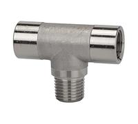 Pieza en T, interior/exterior/interior, G/R 1/2, presión de funcionamiento máx. 150 bares, temperatura de funcionamiento -20 °C hasta 150 °C, acero inoxidable 1.4404.