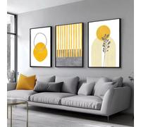 piezas de arte de pared abstracto geométrico en amarillo mostaza y gris, impresiones florales modernas en lienzo, decoración de pared para sala de estar (50 x 70 cm (20 x 28 pulgadas) x3/sin marco)