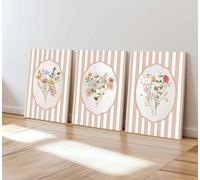 piezas de arte de pared de flores rosas con rayas rosa claro, pintura de plantas, decoración de pared, elegante póster de flores silvestres, decoración del hogar (70 x 90 cm x 3/marco interior)