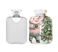Pig in a Sweater - Botella de agua caliente de Navidad con funda, bolsa de agua caliente de 1 litro para aliviar el dolor, calentador de manos y pies de PVC, terapia caliente
