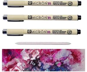 PIGMA MICRON Sakura Pigmento fineliners - 05, color negro 3 unidades,XSDK-3 - Rotulador de punta fina Y 1 ESTOMPE