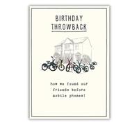 Pigment Productions Divertida tarjeta de cumpleaños para hombre, diseño nostálgico de bicicleta retroceso, divertida tarjeta de felicitación de cumpleaños con texto en inglés "How We Found Friends