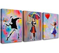 PIGPIGFLY Tríptico Banksy en Lienzo,3 Cuadros Decorativos para Salón Moderno y Dormitorio - Flower Thrower, Girl with Balloon, Nola (30x40cm Marco Madera)