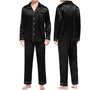 Pijama 2 Piezas Hombre Verano Satén Pijama de Seda para Hombre Manga Larga con Botones y Pantalones Largos Ropa de Descanso Conjuntos de