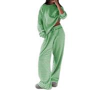 Pijama a rayas para mujer, bonito pijama de manga larga para mujer, conjunto de pijama estampado a rayas, casual, de manga larga, con bolsillos, con cordón, ajuste relajado, verde, XL