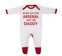 Pijama 'Born To Love Arsenal Just Like Daddy' diseñado e impreso en el Reino Unido con 100% algodón peinado fino, Ribete blanco/rojo., 1 mes