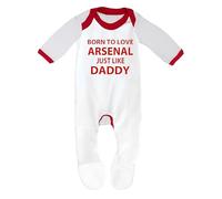 Pijama 'Born To Love Arsenal Just Like Daddy' diseñado e impreso en el Reino Unido con 100% algodón peinado fino, Ribete blanco/rojo., 18 meses