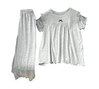 Pijama Casa Verano Chica Modal Manga Corta Ligero Primavera Aire Acondicionado Encaje Princesa Estilo Cómodo Noche Ropa 3 16Y Dos Piezas(Light Grey, 7-8 Years)