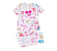 Pijama cómodo, traje de salón de dos piezas con parte superior de manga corta y pantalón largo, estampado y cuello para un sueño reparador en casa., Blanco, L