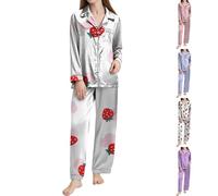 Pijama con cuello en V y solapa para mujer, paquete de 2, pijama con botones y estampado de fresas, ropa de dormir de dos piezas, ligera, transpirable, ropa de dormir dulce y adorable para mujer, 1