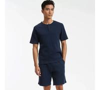 Pijama corto con camiseta con cuello tunecino, manga corta. Talla L. Color Azul Marino
