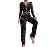 Pijama corto de algodón para mujer, pijama con botones para mujer, pijama pequeño de dos piezas, cómodo, ropa de dormir con cuello en V, elástico, ajustado, estampado floral, botones, manga larga