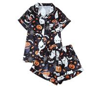 Pijama corto de Halloween para mujer, conjunto de botones, camiseta y pantalones cortos, dos piezas con esqueleto de calabaza, pijamas, ropa de dormir ligera, ropa de dormir informal, traje de casa