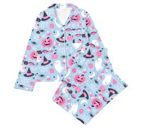 Pijama corto de Halloween para mujer, conjunto de botones, camiseta y pantalones cortos, dos piezas con estampado de calabaza esqueleto, pijamas, ligeros, ropa de dormir informal, ropa de dormir