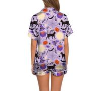 Pijama corto de Halloween para mujer, conjunto de botones, camiseta y pantalones cortos, dos piezas, verano, ropa de dormir ligera con esqueleto de calabaza, divertido festival, disfraz de carnaval, O