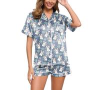 Pijama corto de satén para mujer, conjunto de pijama Rabbit Druekn, 2 piezas, blusa de manga corta con botones y pantalones, cómodo, suave, informal, transpirable, ropa de dormir de verano, O azul