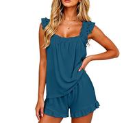 Pijama corto de verano para mujer, sin mangas, volantes, parte superior y cintura elástica, pantalones cortos para dormir con cordón, dos piezas, ropa de dormir ligera y cómoda, 2 piezas, holgada