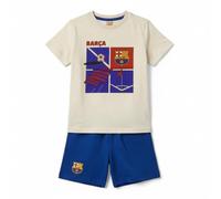 Pijama Corto FC Barcelona Niño 8 Años - Conjunto 2 Piezas Algodón 100% Single Jersey, Camiseta Beige y Pantalón Azul con Escudo Barça, Licencia Oficial para Verano y Dormir